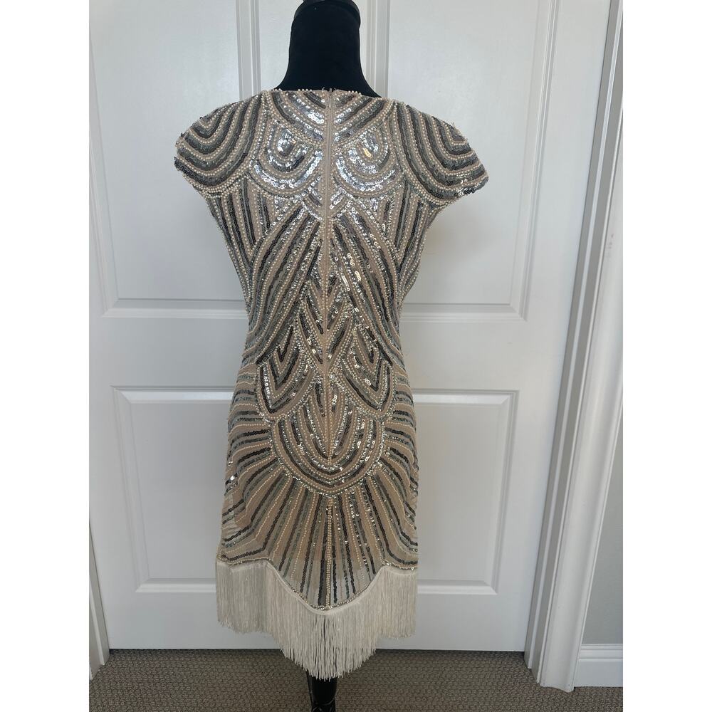 Vintage 20’s Silver and White Beaded and Sequins Flapper dress with Fringe - Picture 4 of 9